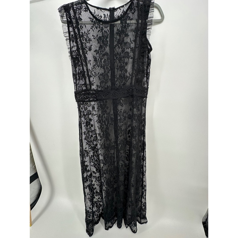Black Floral Lace Sheer Midi Dress Ruffle Sleeve Gothic Mesh Overlay Sleeveless